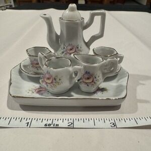 Vintage Mini Victorian Hand Painted Porcelain Dollhouse Tea Set Pink ~ Gold Trim